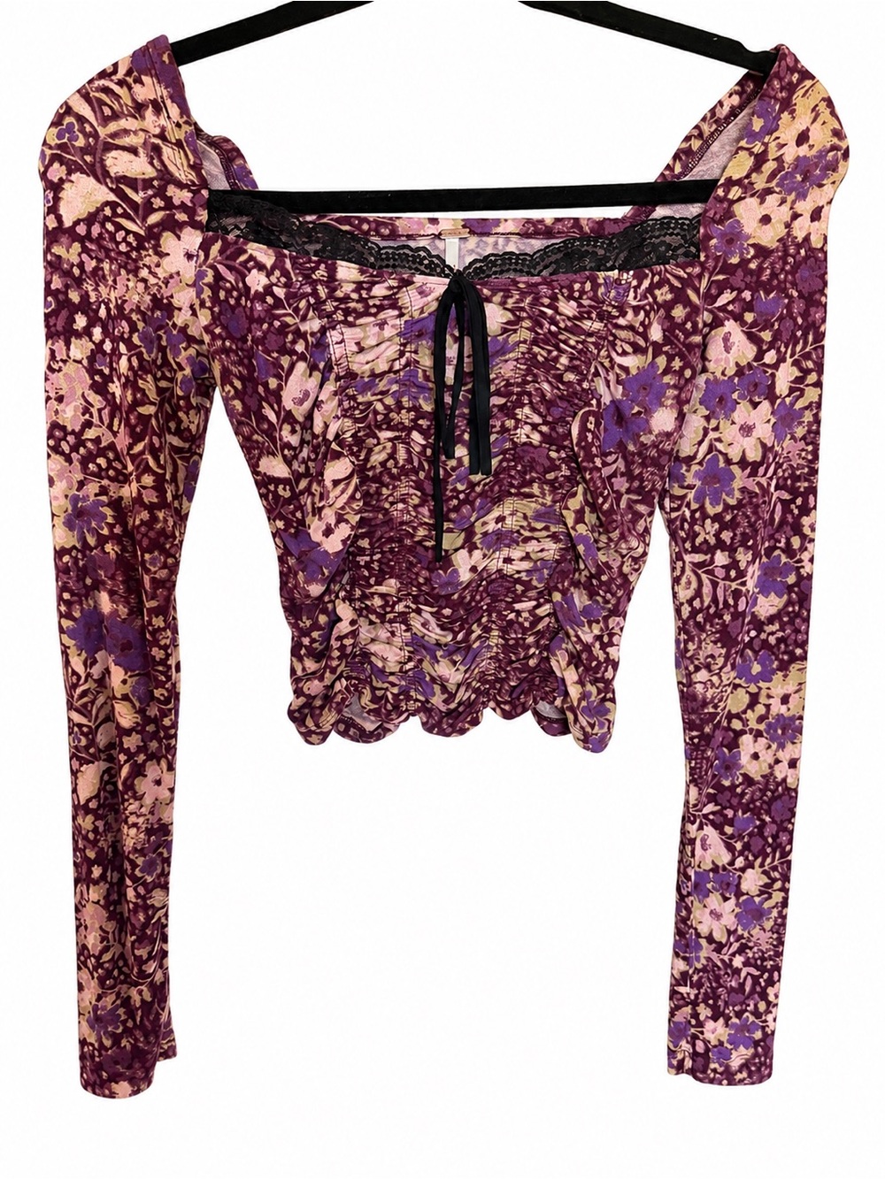Free People Purple and Cream Floral Lace-Trim Crop Top